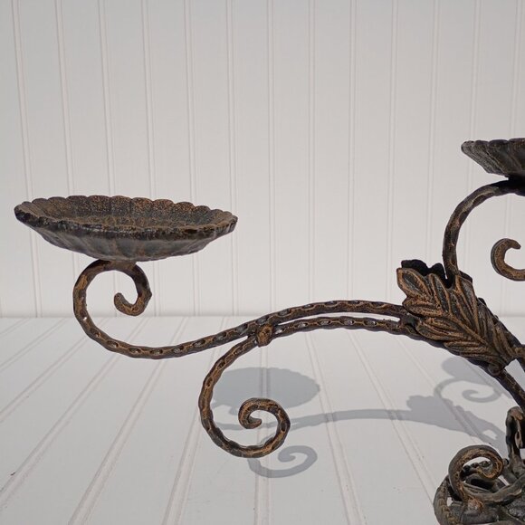 Cast Iron 3 Sconce Candelabra Bronze Gold Leaf Accents Heavy Candle Holder Vtg - Picture 3 of 13